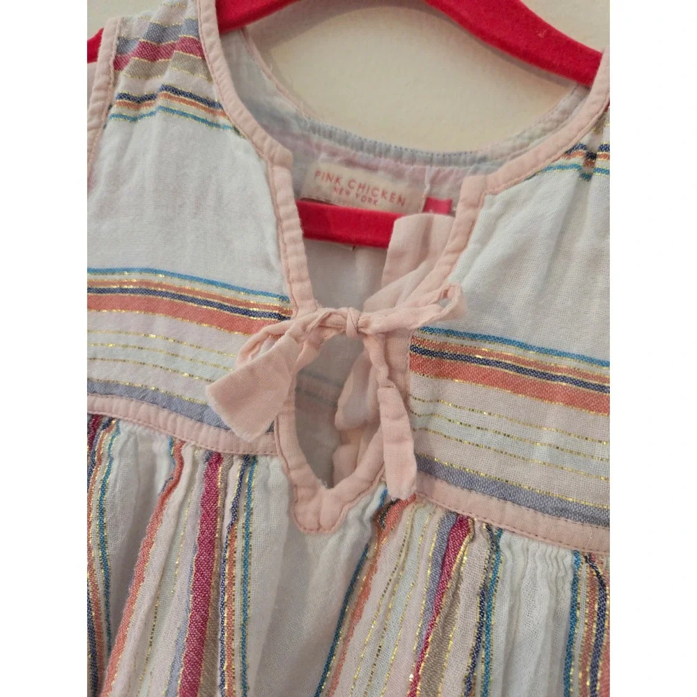Pink Chicken Girls 2Y Striped Metallic Lurex Tiered Gauze Dress White Pink Blue